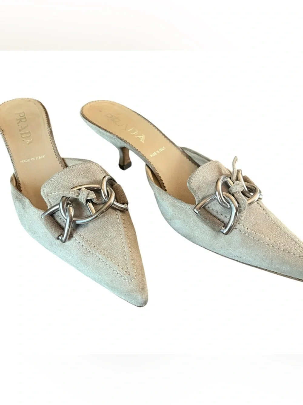 Prada Vintage Suede Mule Kitten Heels Khaki 38 (US 7.5–8) Chain Pointed Toe - Picture 2 of 6